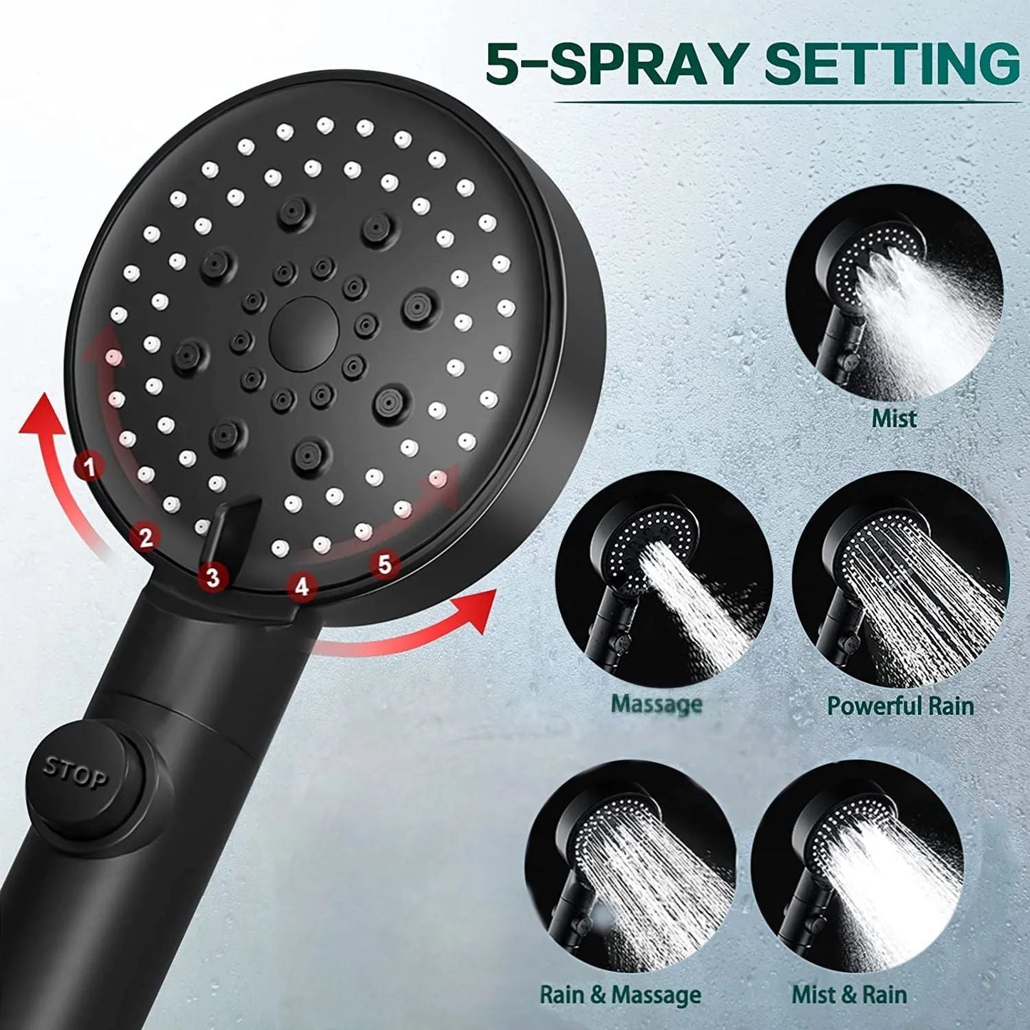 5 Modes Adjustable Shower Head High Pressure Water Saving Shower One-Key Stop Water Massage Shower Head For Bathroom Accessories