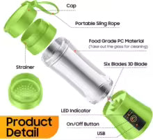 New Mini Portable Blender Bottle USB 6 Blades Fruit Fresh Juicer
