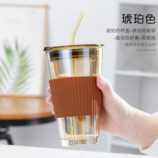 500ML Bamboo Section Glass Sippy Cup with Lid Portable High Temperature Coffee and Water Cup